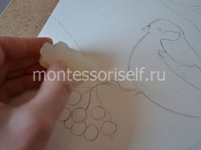 Як намалювати снігура на гілку горобини поетапно: олівцем і фарбами